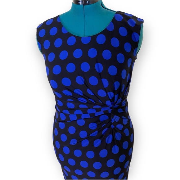 NWOT Precise Petite Jersey Sleeveless Blue Black Polka Dot Pencil Dress Size 10 - Picture 5 of 15
